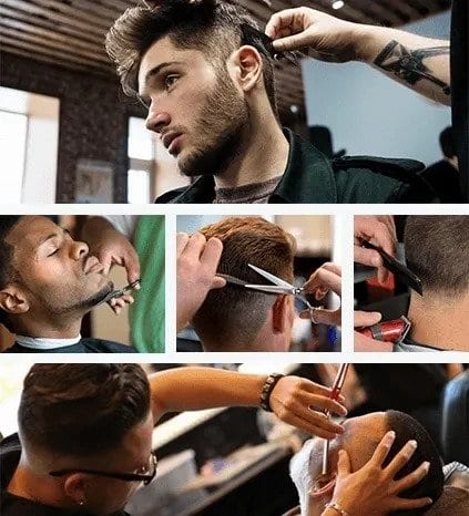 Photo collage of men getting their hair cut, beard trimmed, and beard shaved