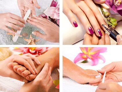 Photo collage of women getting their nails polished and filed and their feet massaged 